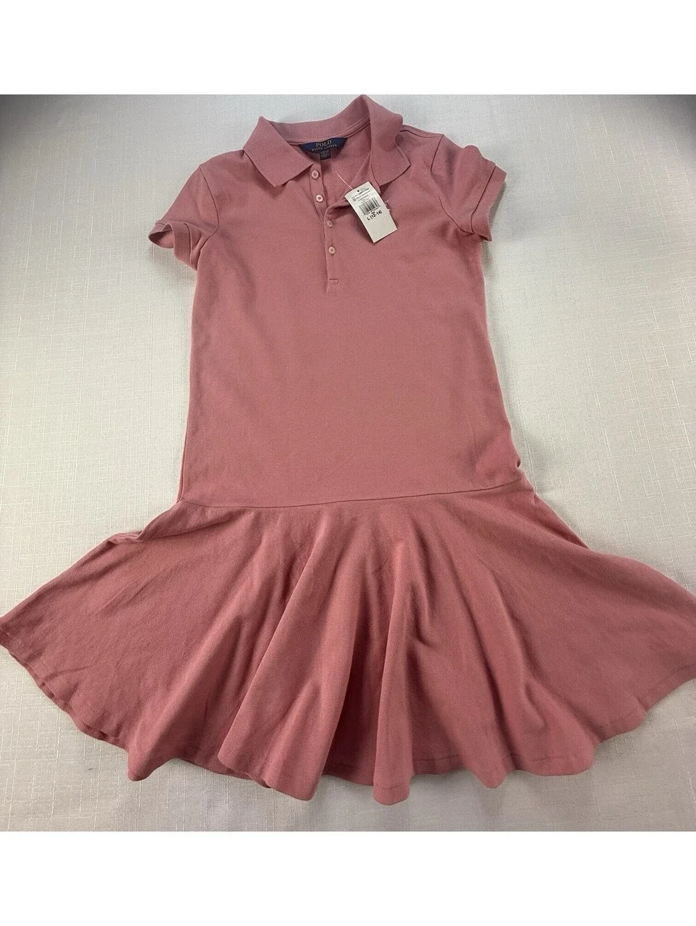 NWT Polo Ralph Lauren Girls Polo Dress Pink Drop Waist Ruffle Hem L 12-14 Cotton
